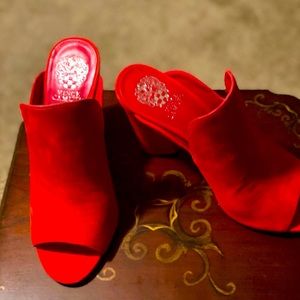 Red chunky heel mules